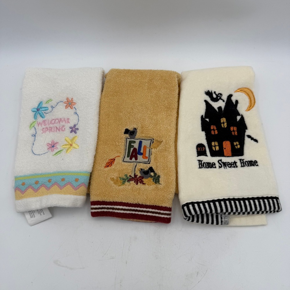 Seasonal Hand Towel Set 3pc Spring Fall Halloween Haunted House Embroidered